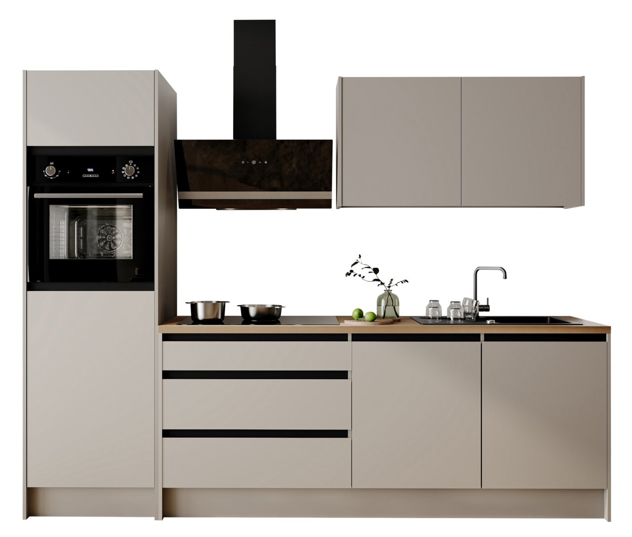 Yourkitchen Keukenblok Premium 273 TROJA Moderne keukenblok met ingebouwde oven, afzuigkap, kookplaat en spoelbak, gezien vanaf de voorkant.