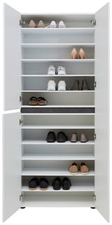 Offener XL-Schuh- und Mehrzweckschrank mit mehreren Regalböden, gefüllt mit verschiedenen Schuhen, aus frontaler Perspektive.