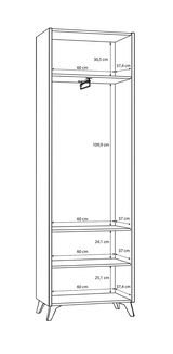 Garderobenschrank mit mehreren Fächern und Kleiderstange, perspektivische Ansicht von vorne.