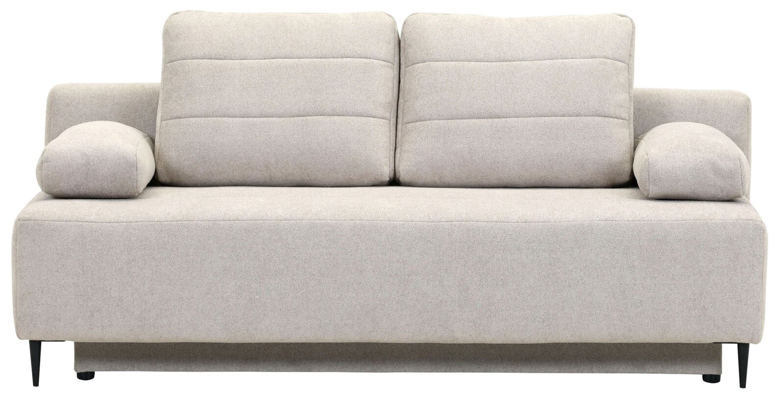 Beige functionele bank met twee rugkussens en armleuningen, vooraanzicht