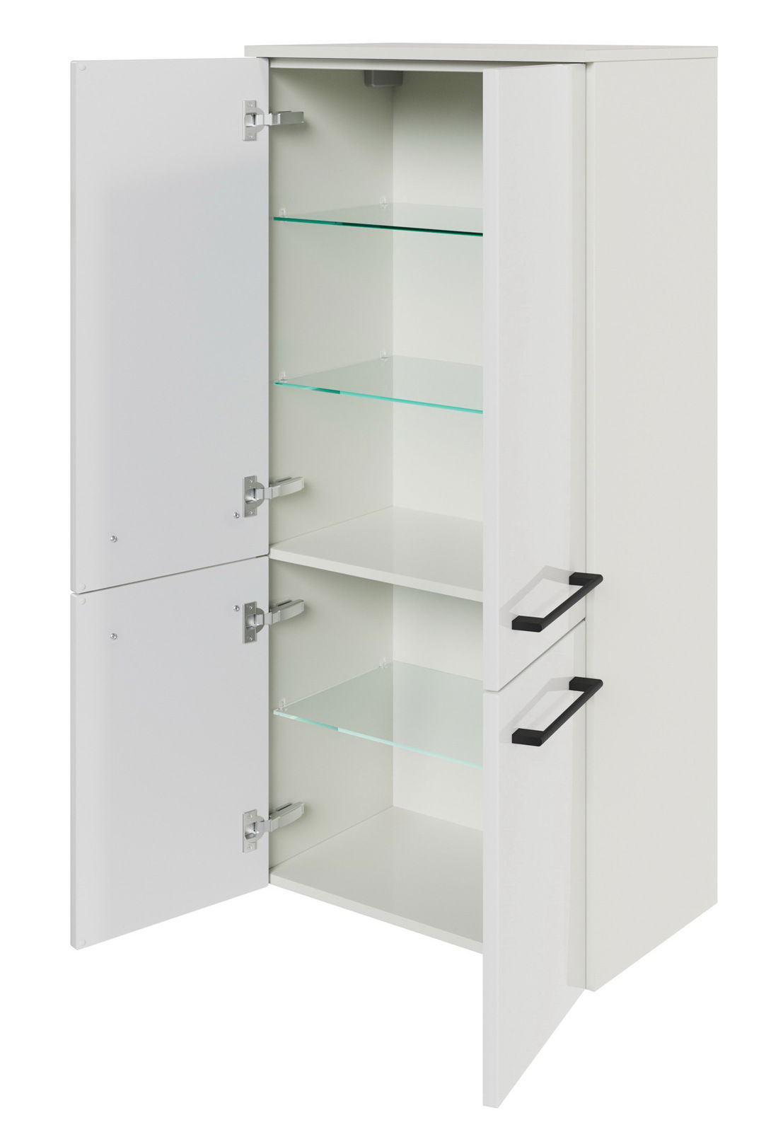 Sadena Midischrank PLAKA Weißer Midischrank mit zwei geöffneten Türen, Glasböden und schwarzen Griffen, seitliche Perspektive