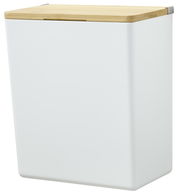 Weiße Aufbewahrungsbox mit Holzdeckel, seitliche Perspektive