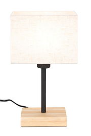 Moderne Tischleuchte mit rechteckigem, hellem Stoffschirm, schwarzem Metallstab und Holzsockel, frontal abgebildet.