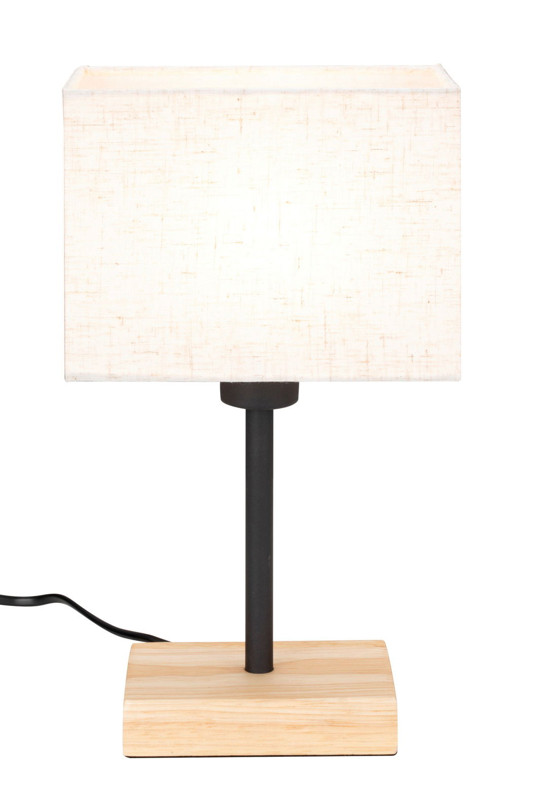 Moderne Tischleuchte mit rechteckigem, hellem Stoffschirm, schwarzem Metallstab und Holzsockel, frontal abgebildet.