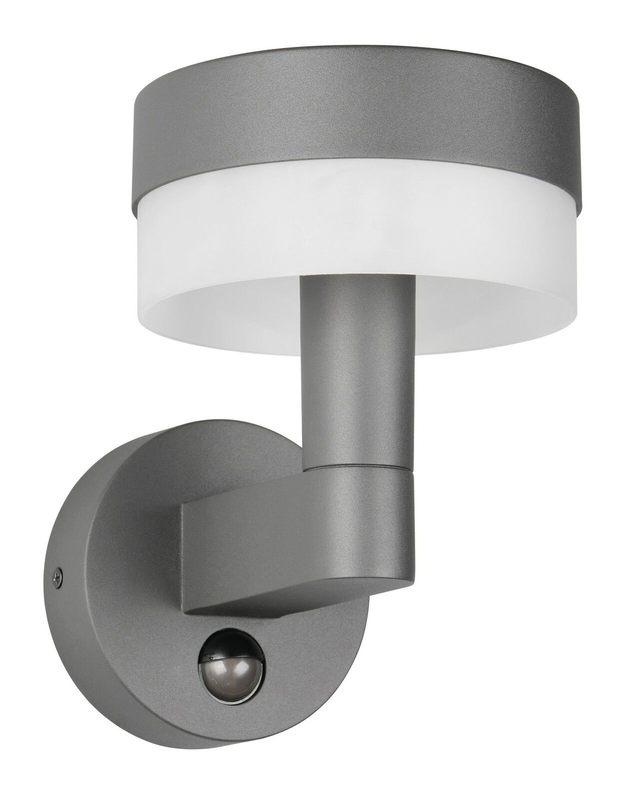 Moderne LED-Außenwandleuchte in seitlicher Perspektive mit rundem, grauem Gehäuse und integriertem Bewegungsmelder