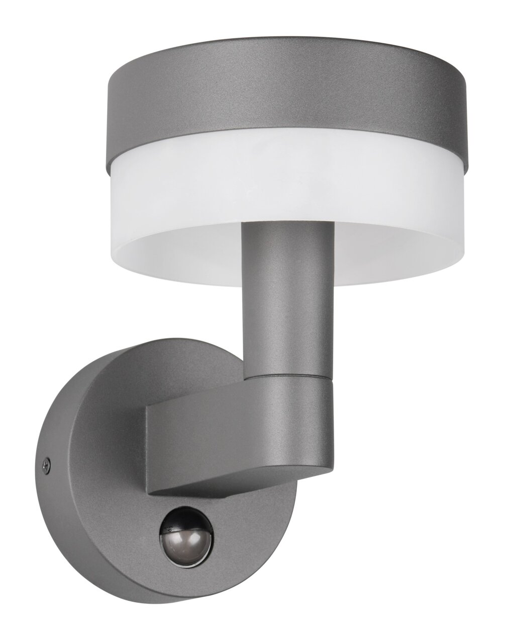 Moderne LED-Außenwandleuchte in seitlicher Perspektive mit rundem, grauem Gehäuse und integriertem Bewegungsmelder