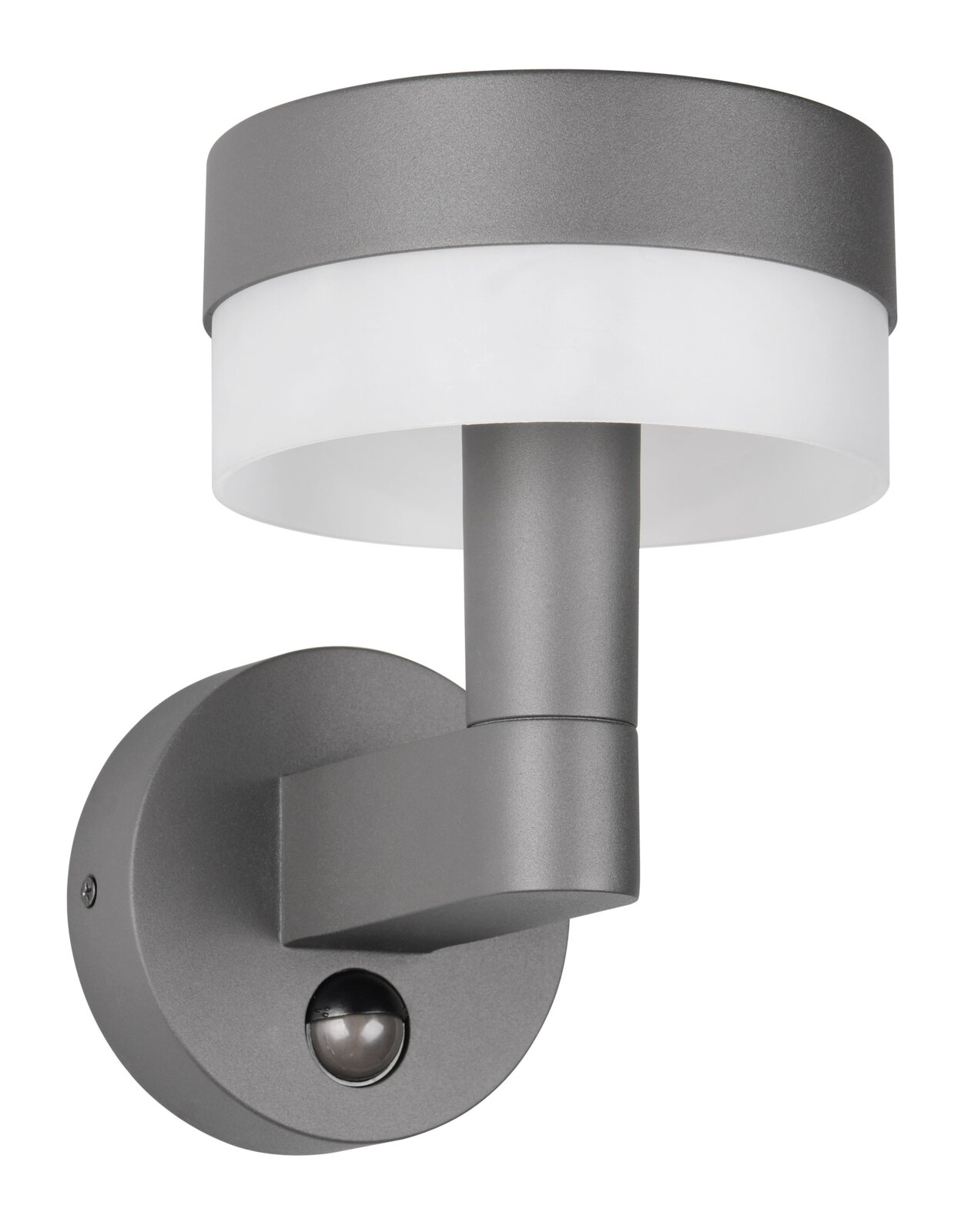 Moderne LED-Außenwandleuchte in seitlicher Perspektive mit rundem, grauem Gehäuse und integriertem Bewegungsmelder