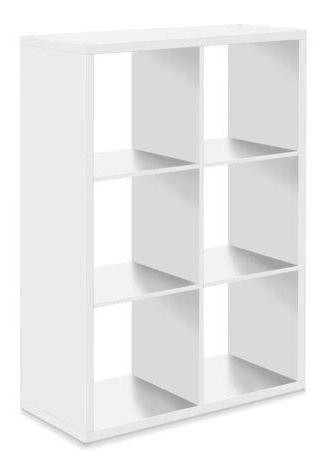 Weißer Regalwürfel mit sechs Fächern, seitliche Perspektive