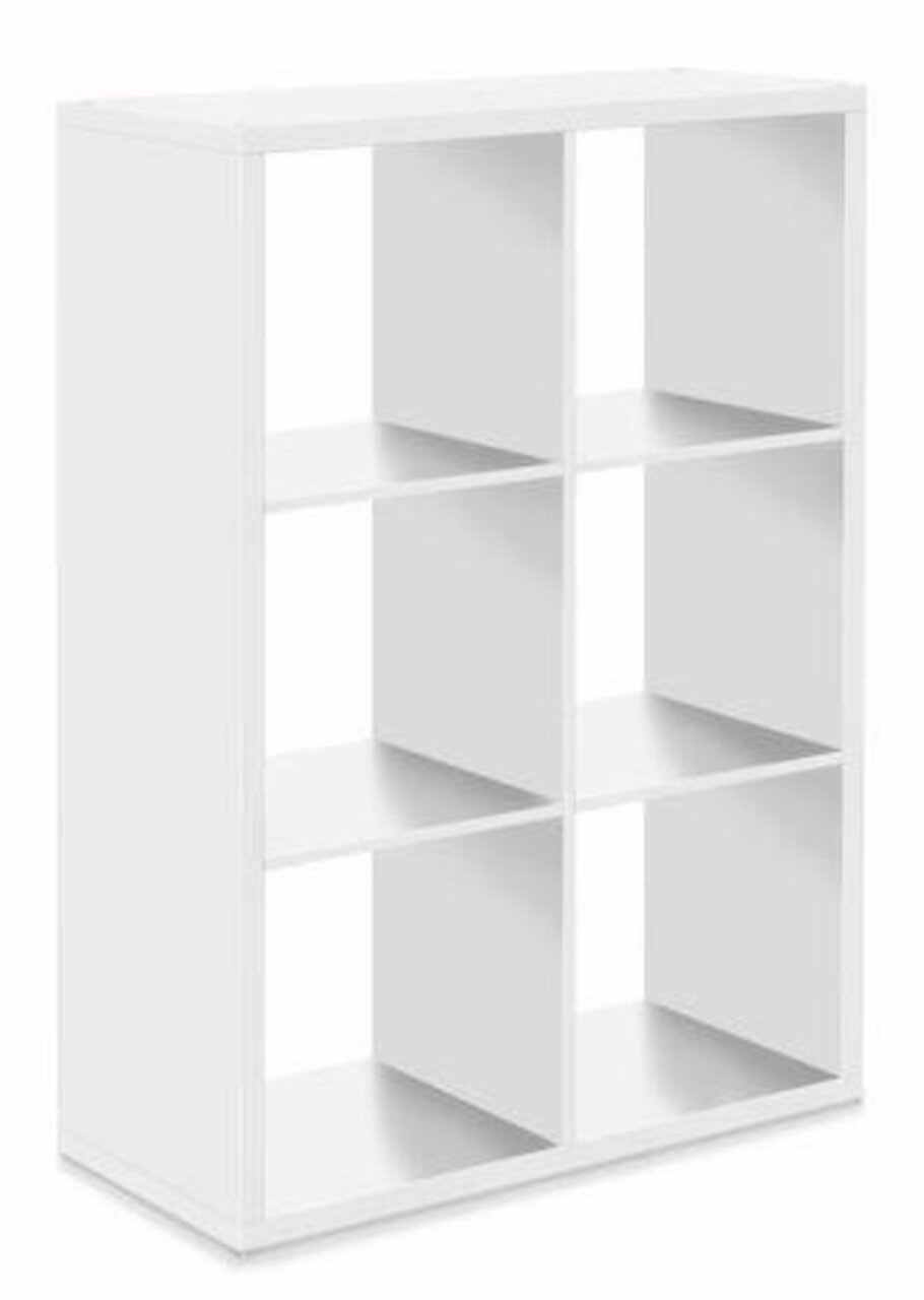 Weißer Regalwürfel mit sechs Fächern, seitliche Perspektive