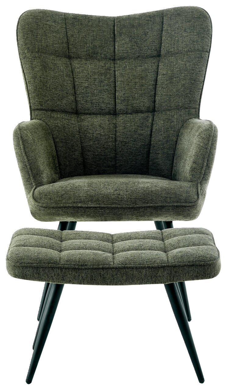 Groene fauteuil met bijzetkruk, vooraanzicht