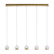 Moderne LED-Hängeleuchte mit fünf kugelförmigen Lampen, goldene Akzente, frontale Ansicht