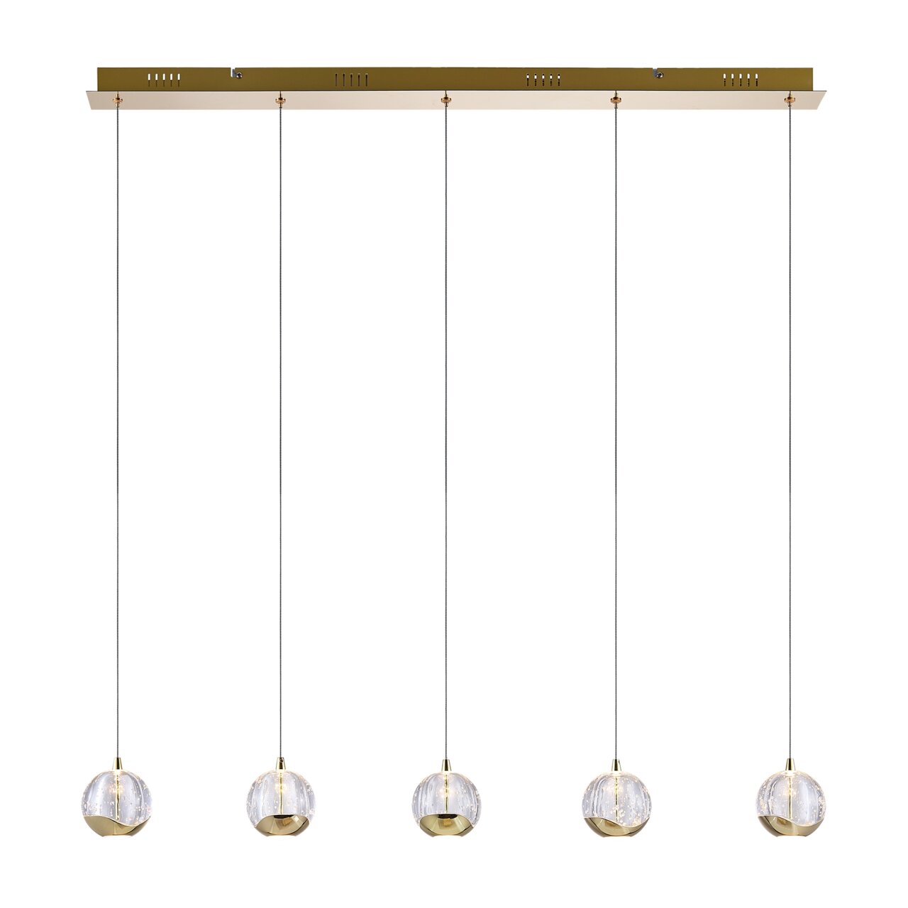 Moderne LED-Hängeleuchte mit fünf kugelförmigen Lampen, goldene Akzente, frontale Ansicht