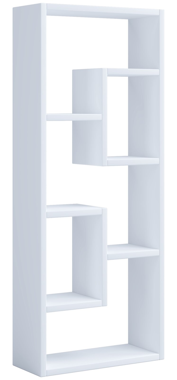 Weißes, modernes Standregal/Bücherregal mit asymmetrisch versetzten Ablagefächern, freistehend, Ansicht schräg von vorne (3/4-Perspektive) vor weißem Hintergrund