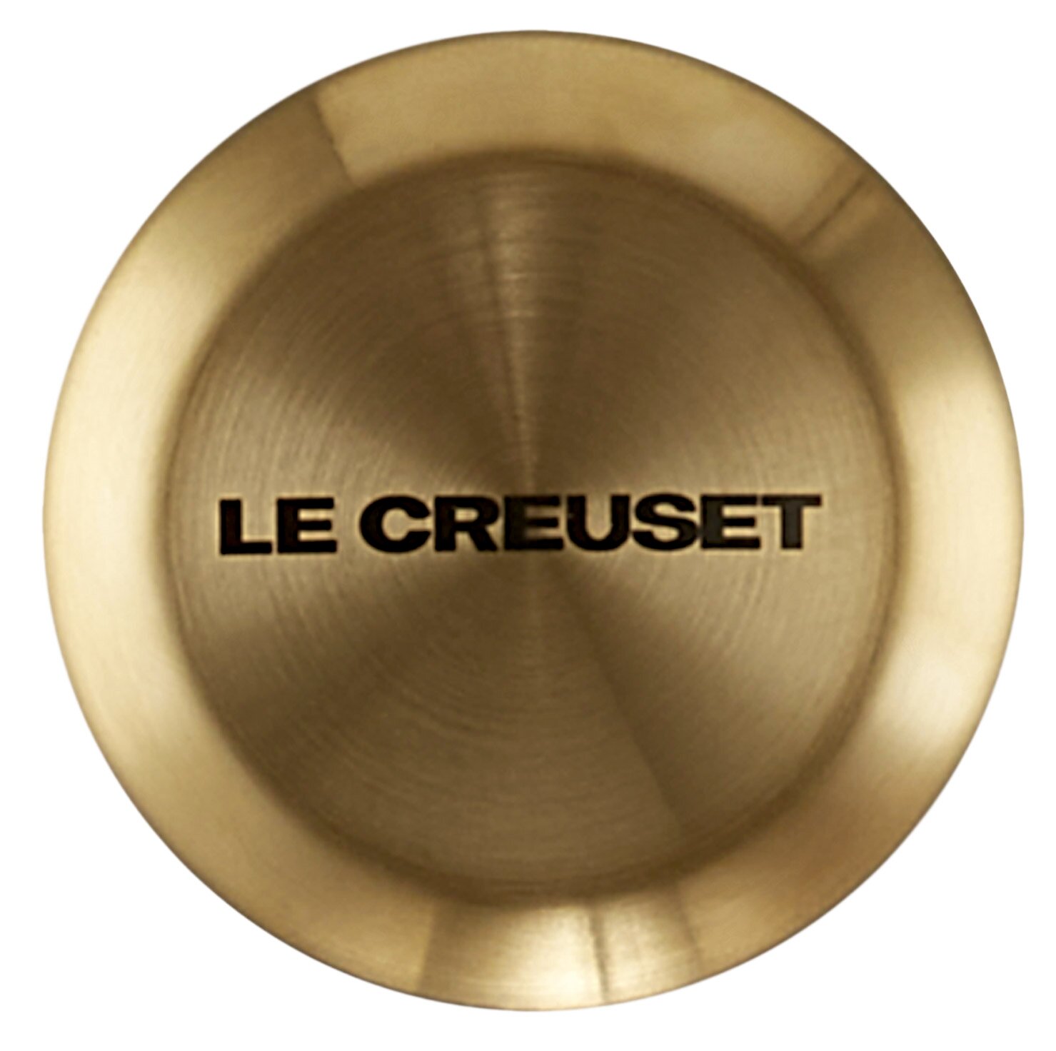 Goldener Deckelknopf von oben mit der Aufschrift 'LE CREUSET'.