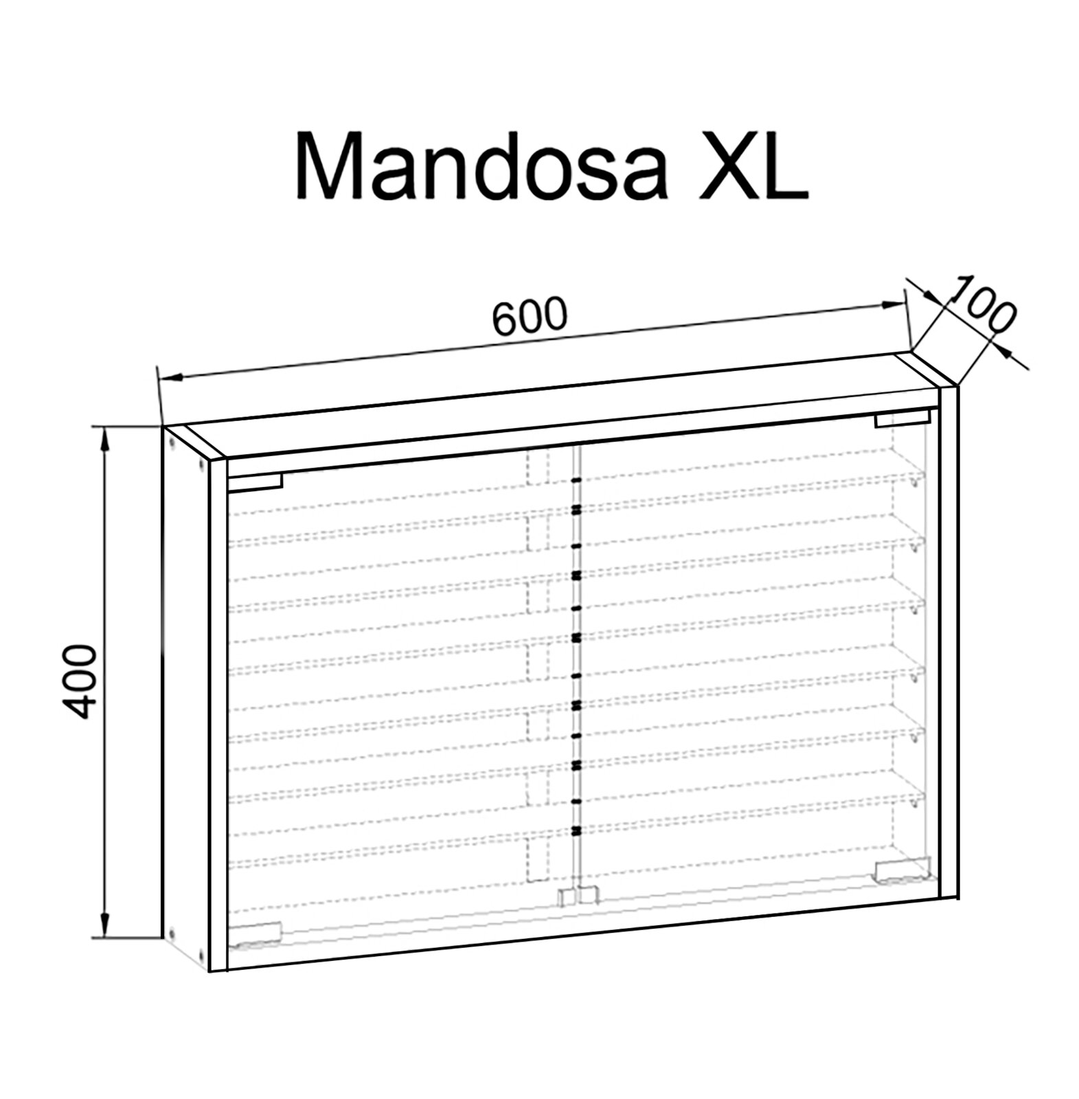 Technische Zeichnung des Wandregals „Mandosa XL“ mit Maßangaben 600 × 400 × 100 mm, dargestellt in schräger Frontansicht (perspektivisch)