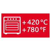Rood symbool met een oven en de temperatuuraanduidingen +420 °C en +780 °F, vooraanzicht.