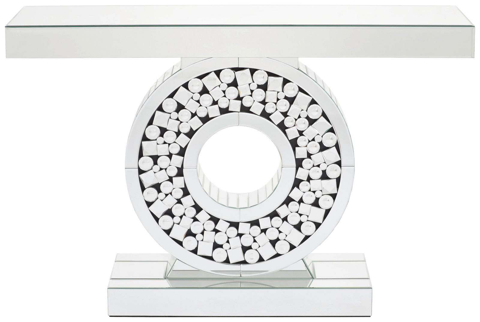Moderner Konsolentisch mit spiegelnder Oberfläche und dekorativem, kreisförmigem Design, Frontalansicht.