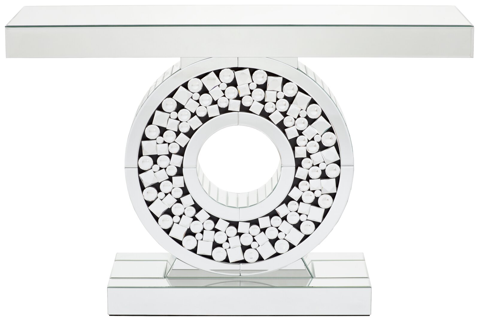 Moderner Konsolentisch mit spiegelnder Oberfläche und dekorativem, kreisförmigem Design, Frontalansicht.