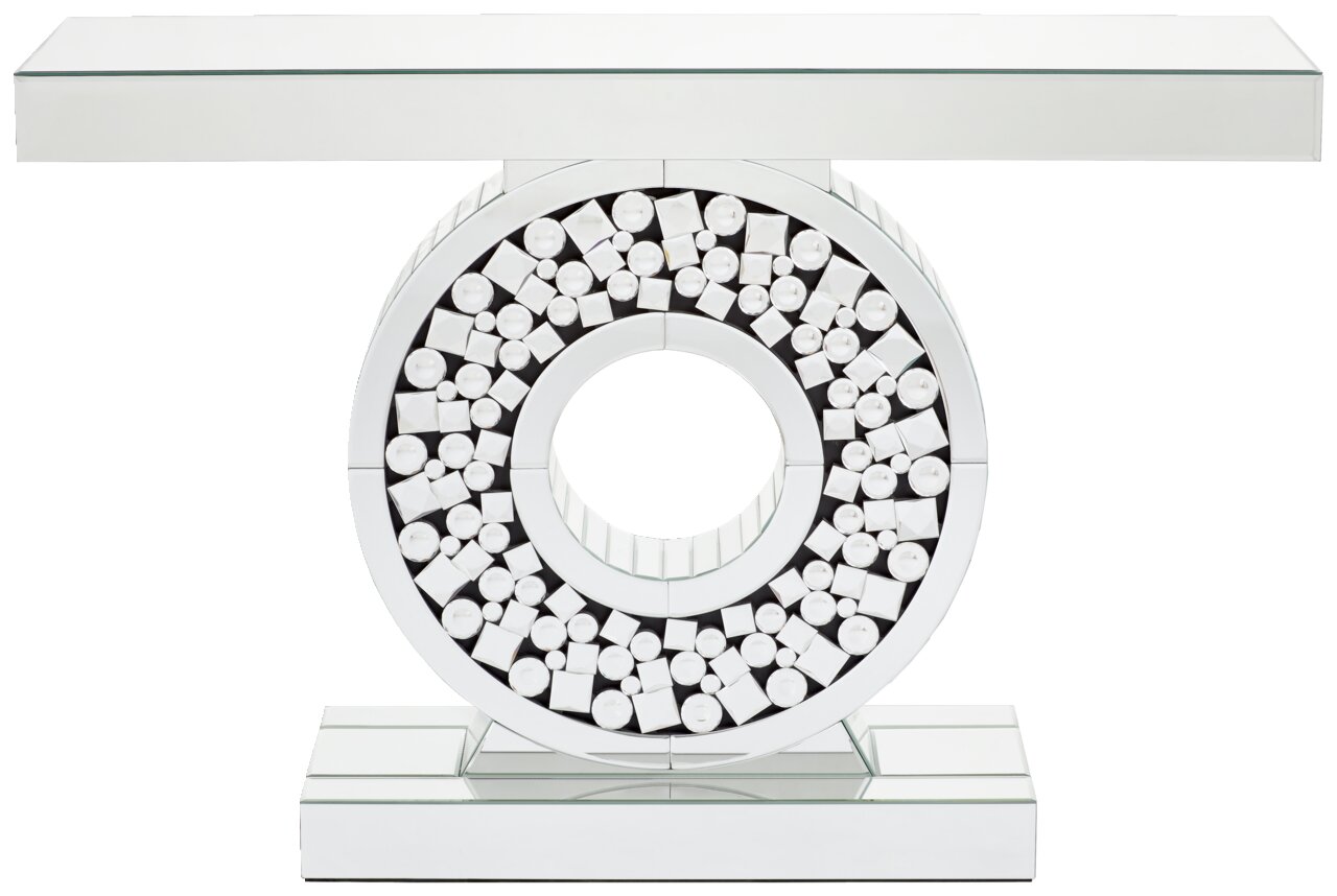 Moderner Konsolentisch mit spiegelnder Oberfläche und dekorativem, kreisförmigem Design, Frontalansicht.
