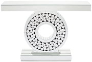 Moderner Konsolentisch mit spiegelnder Oberfläche und dekorativem, kreisförmigem Design, Frontalansicht.