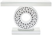 Moderner Konsolentisch mit spiegelnder Oberfläche und dekorativem, kreisförmigem Design, Frontalansicht.