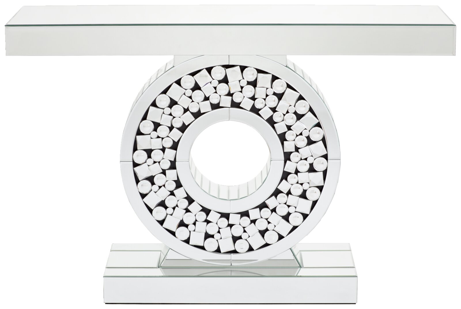 Moderner Konsolentisch mit spiegelnder Oberfläche und dekorativem, kreisförmigem Design, Frontalansicht.
