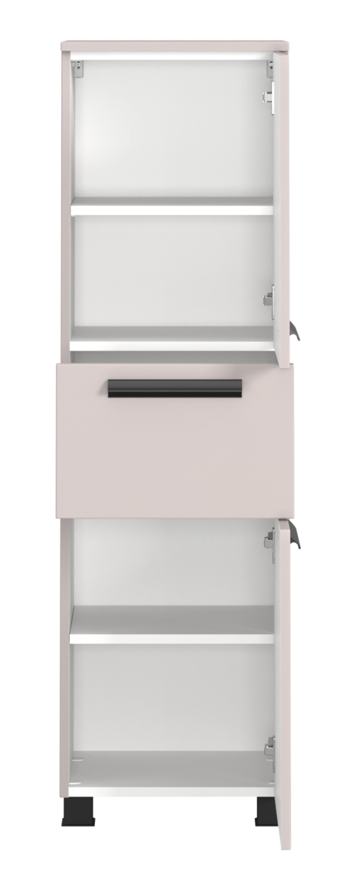 Midischrank mit geöffneter Frontansicht, zwei Türen und einer Schublade, in hellem Farbton.