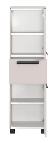 Midischrank mit geöffneter Frontansicht, zwei Türen und einer Schublade, in hellem Farbton.
