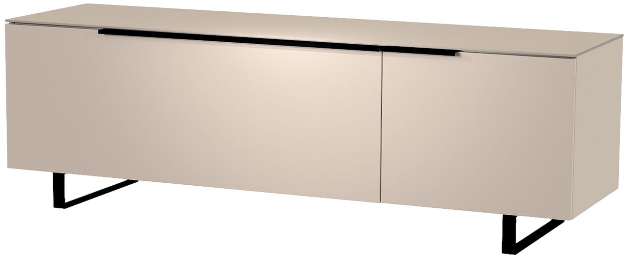 Modernes TV-Lowboard in Beige mit schwarzem Metallgestell, seitliche Perspektive
