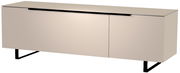Modernes TV-Lowboard in Beige mit schwarzem Metallgestell, seitliche Perspektive