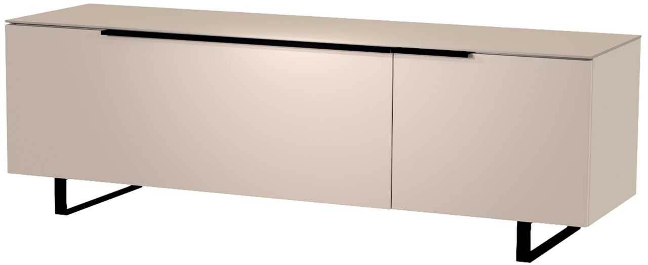 Modernes TV-Lowboard in Beige mit schwarzem Metallgestell, seitliche Perspektive