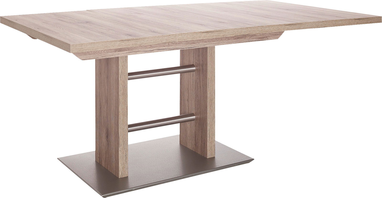 Moderner Esstisch aus Holz mit rechteckiger Tischplatte und stabiler Mittelsäule, seitliche Perspektive