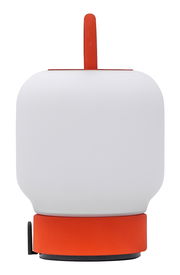 Frontansicht einer modernen, weißen Lampe mit orangefarbenem Sockel und Griff.