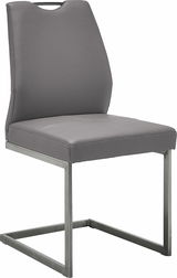 Grauer Schwingstuhl mit Metallgestell, seitliche Perspektive