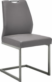 Grauer Schwingstuhl mit Metallgestell, seitliche Perspektive