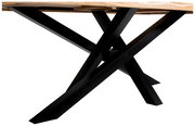 Moderner Esstisch mit schwarzem Metallgestell in X-Form, seitliche Perspektive