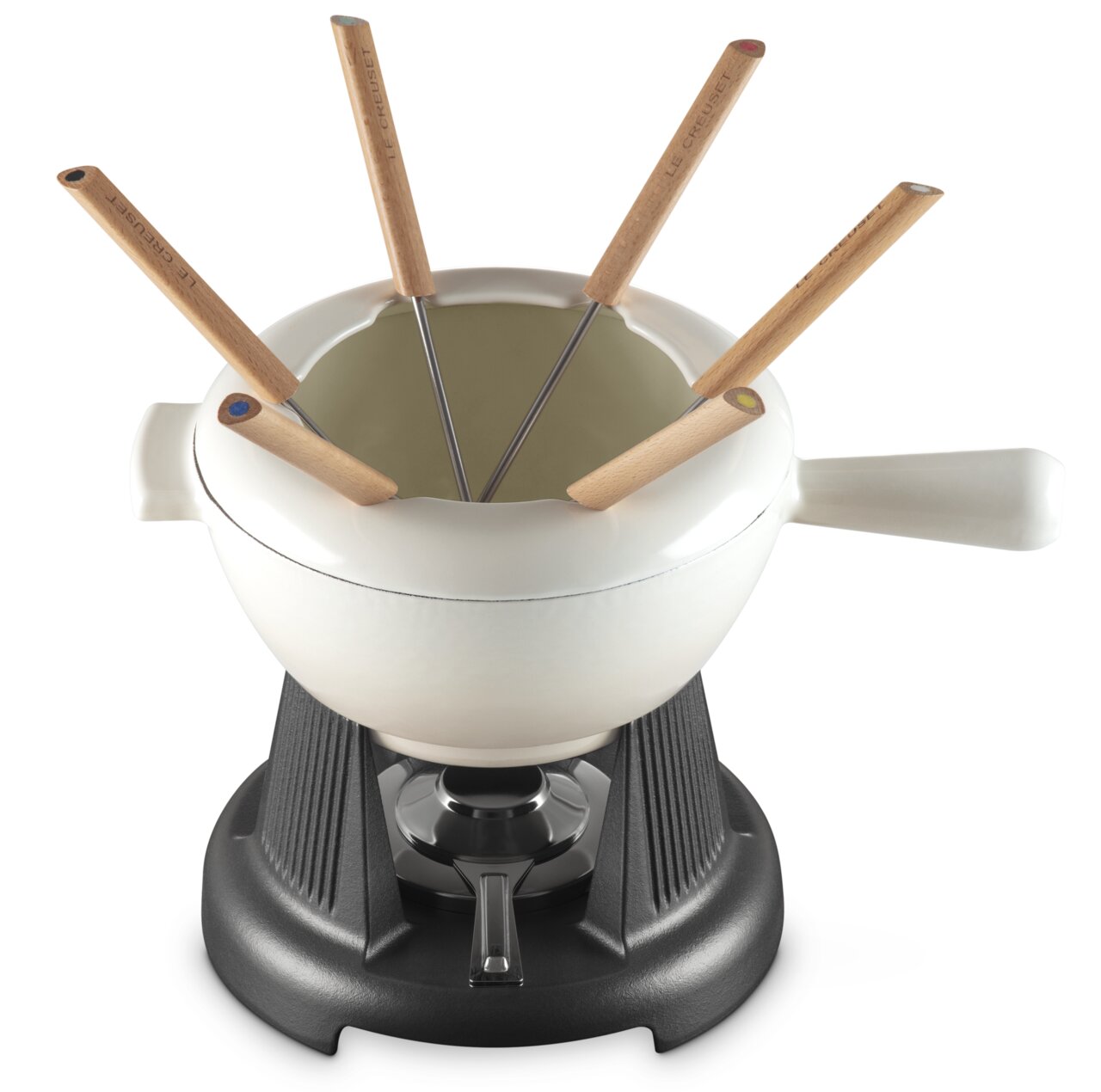 Fondue-Set Meringue mit weißem Topf und Holzgriffen, von oben betrachtet.