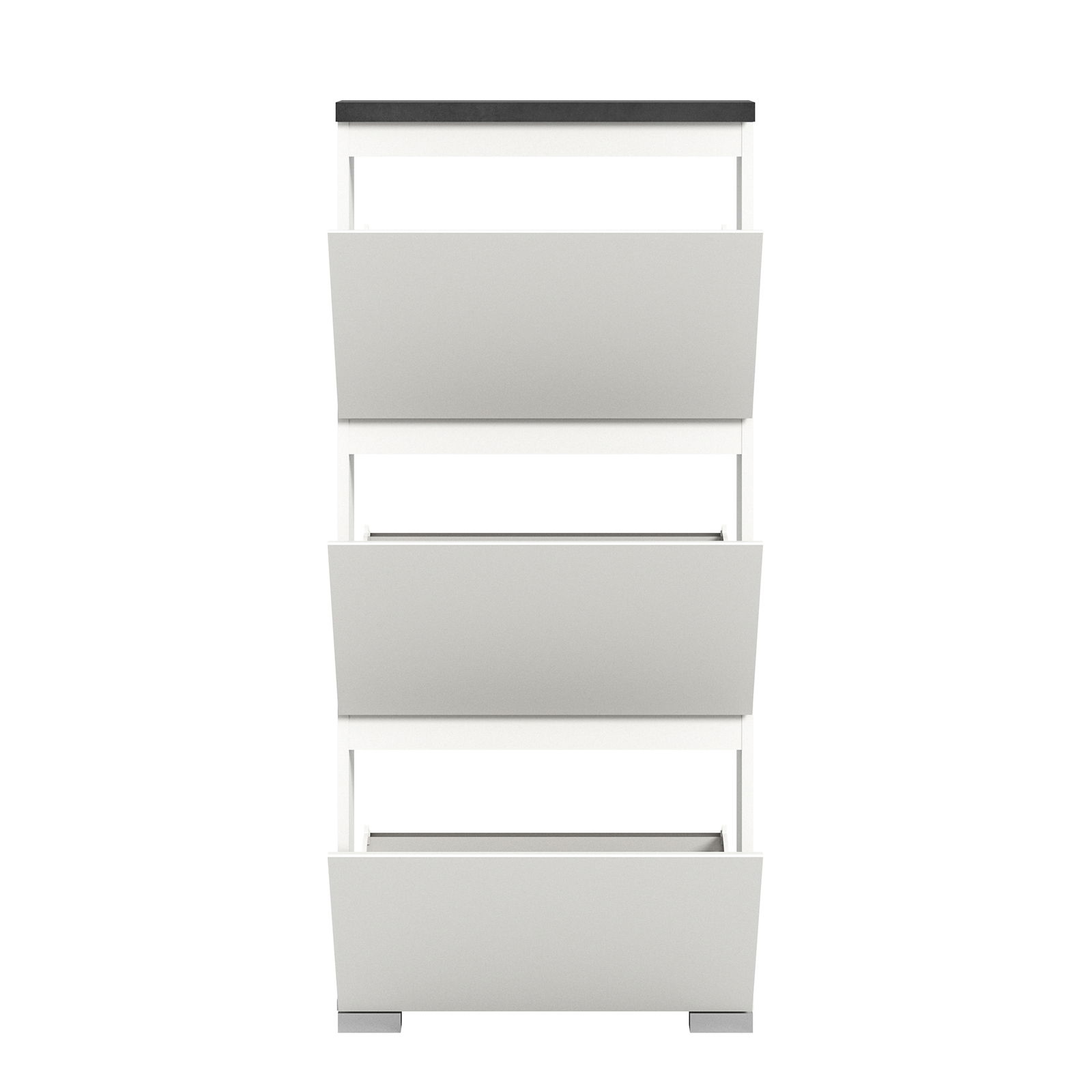 Moderner weißer Schuhschrank mit drei Klappfächern, Frontalansicht