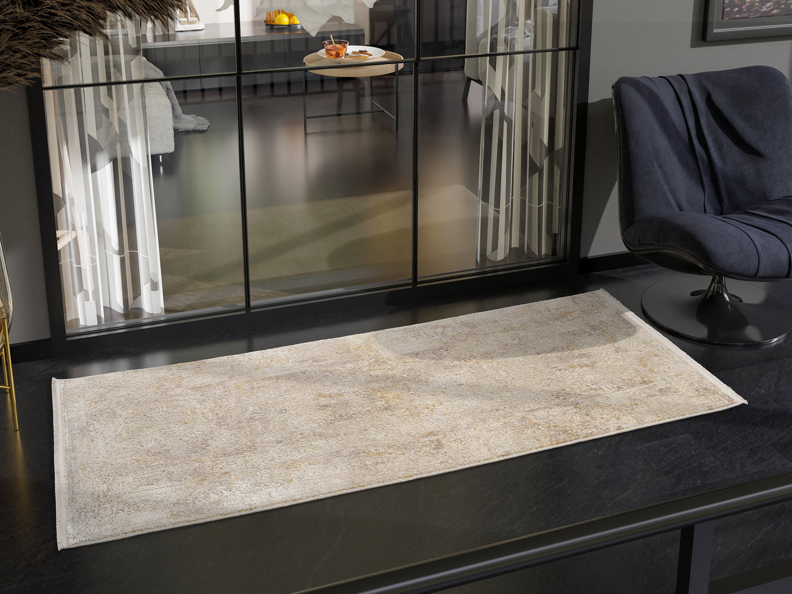 OCI Designer Teppich BESTSELLER Designer Teppich in einem modernen Wohnzimmer, von oben betrachtet, mit einem eleganten Sessel und großen Fenstern im Hintergrund.