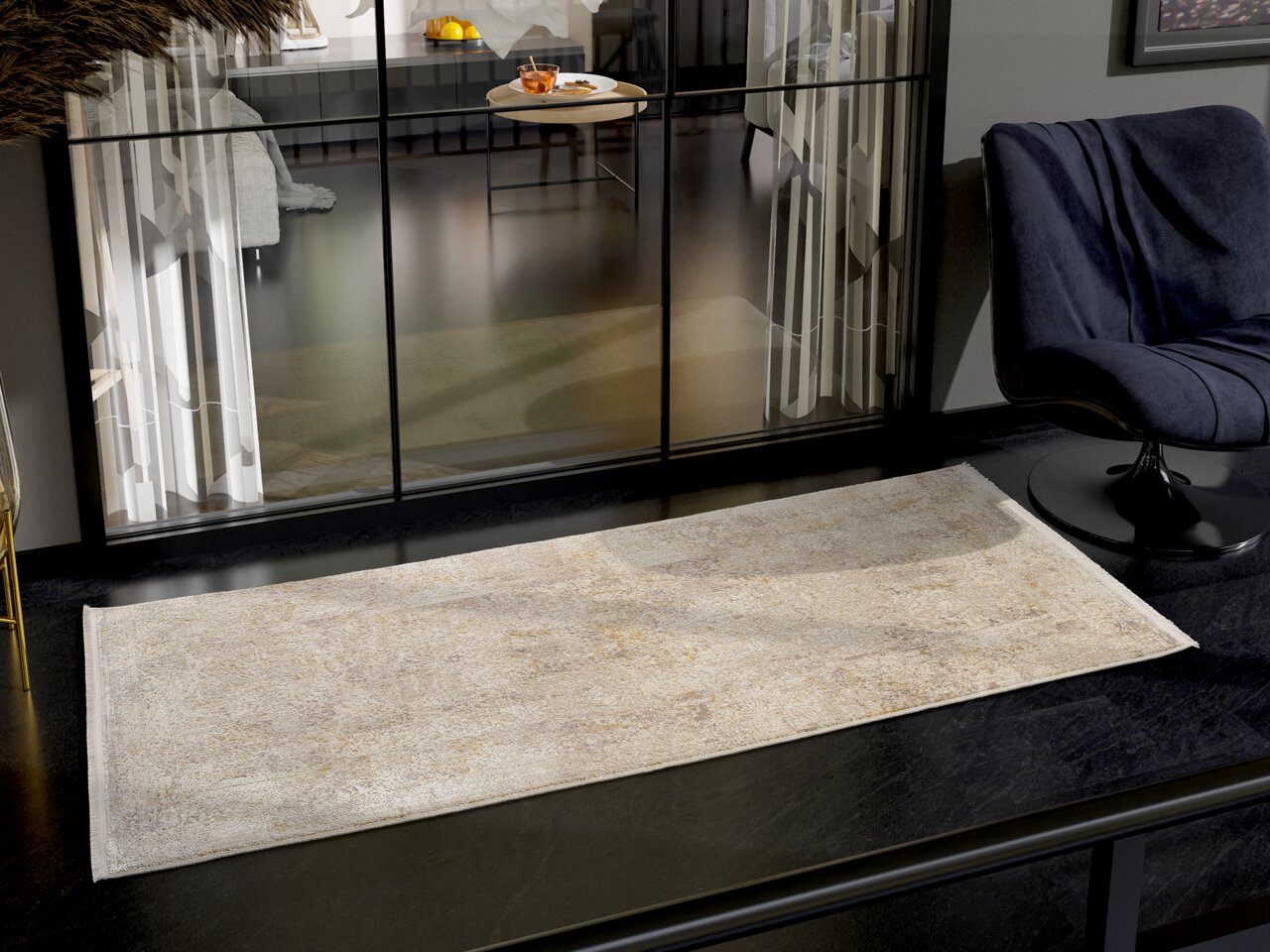 OCI Designer Teppich BESTSELLER Designer Teppich in einem modernen Wohnzimmer, von oben betrachtet, mit einem eleganten Sessel und großen Fenstern im Hintergrund.