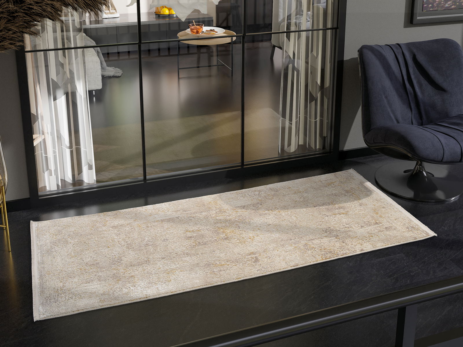 Designer Teppich in einem modernen Wohnzimmer, von oben betrachtet, mit einem eleganten Sessel und großen Fenstern im Hintergrund.