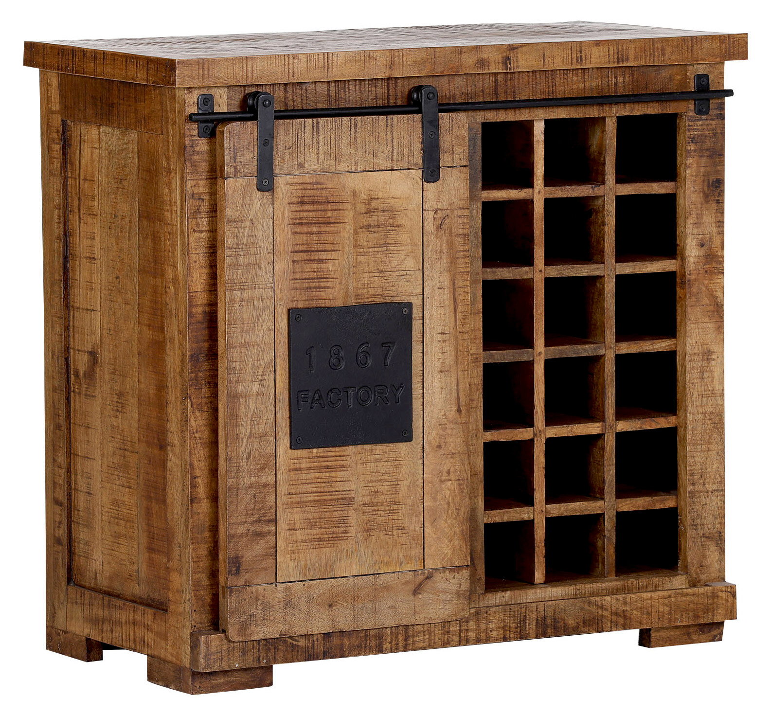 Landscape Barschrank BARNEY Rustikaler Barschrank aus Holz mit Schiebetür und Weinregal, seitliche Perspektive