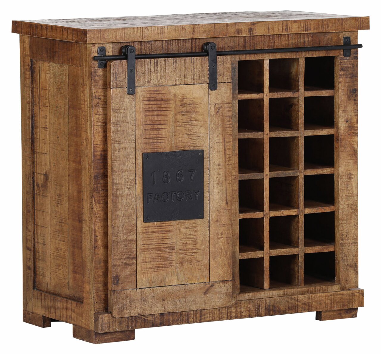 Rustikaler Barschrank aus Holz mit Schiebetür und Weinregal, seitliche Perspektive