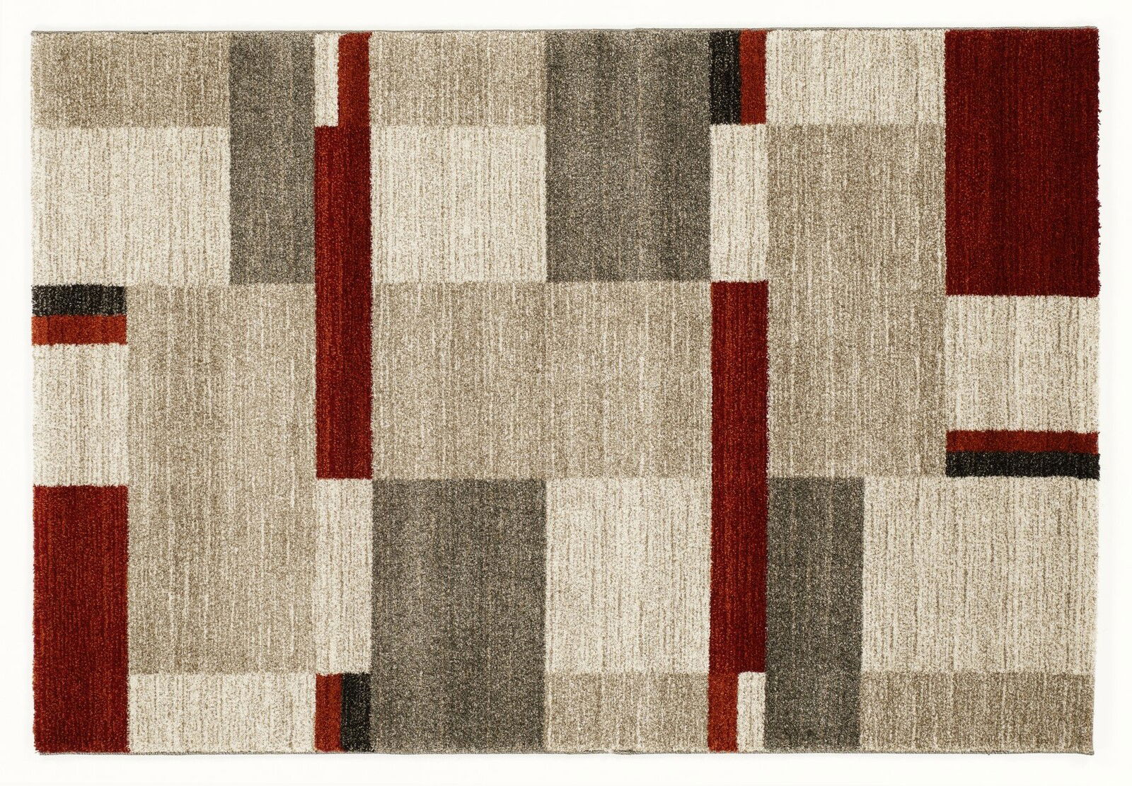 Moderner Teppich mit geometrischem Muster in Beige, Grau und Rot, Draufsicht