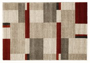 Moderner Teppich mit geometrischem Muster in Beige, Grau und Rot, Draufsicht