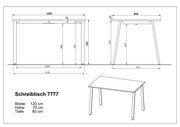 Technische Zeichnung des Schreibtischs 7777 mit Maßen (Breite 120 cm, Tiefe 80 cm, Höhe 75 cm), dargestellt in Vorderansicht, Seitenansicht und perspektivischer Ansicht schräg von oben.