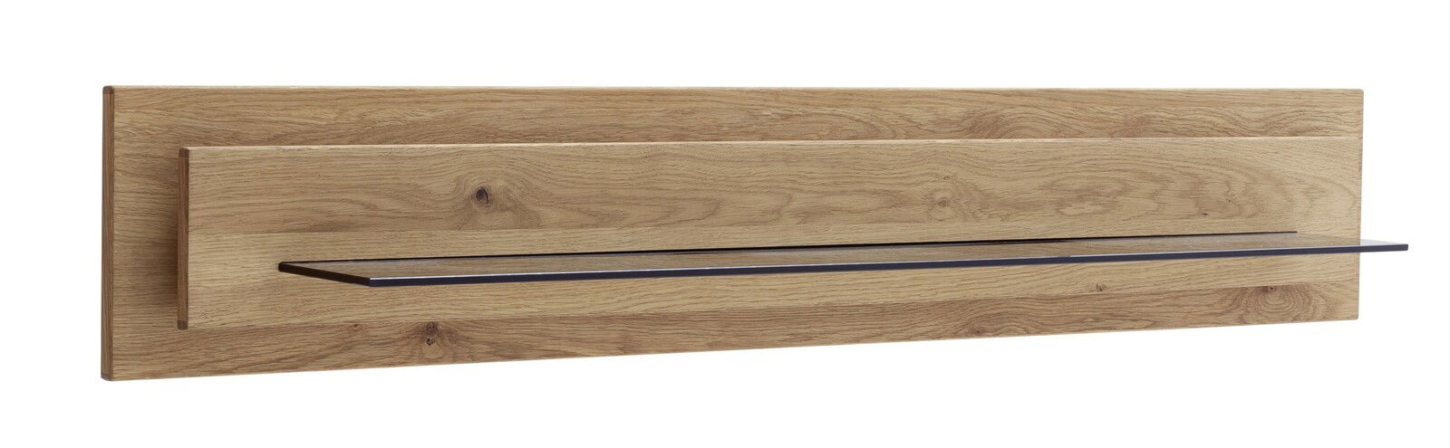 Wandboard aus Holz in seitlicher Perspektive mit natürlicher Holzmaserung und schwebendem Regalbrett.