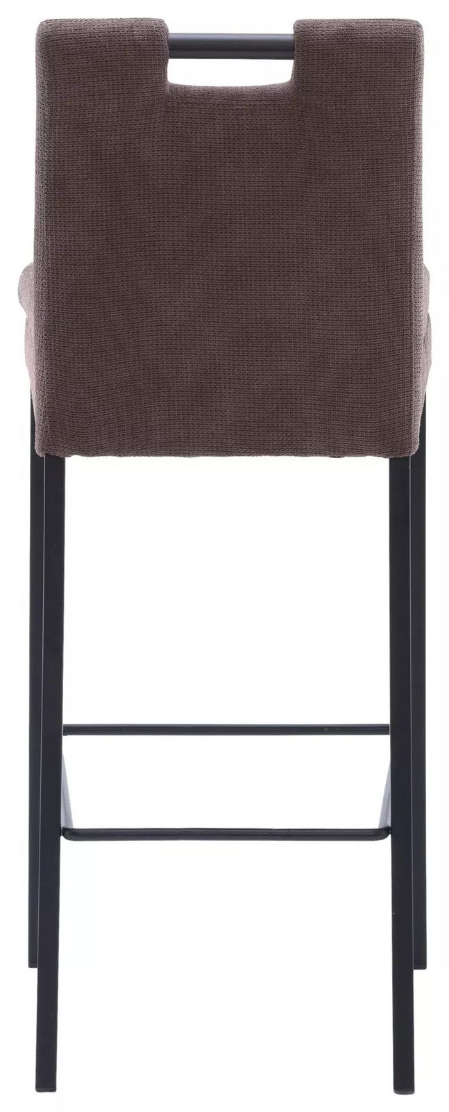 Rückansicht eines Barhockers mit braunem Stoffbezug und schwarzem Metallgestell.