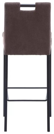 Rückansicht eines Barhockers mit braunem Stoffbezug und schwarzem Metallgestell.