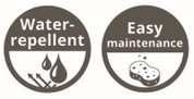 Zwei runde Piktogramm-Labels in Grau: links „Water-repellent“ mit Tropfen- und Pfeilsymbol, rechts „Easy maintenance“ mit Schwamm-Icon; frontale Ansicht.